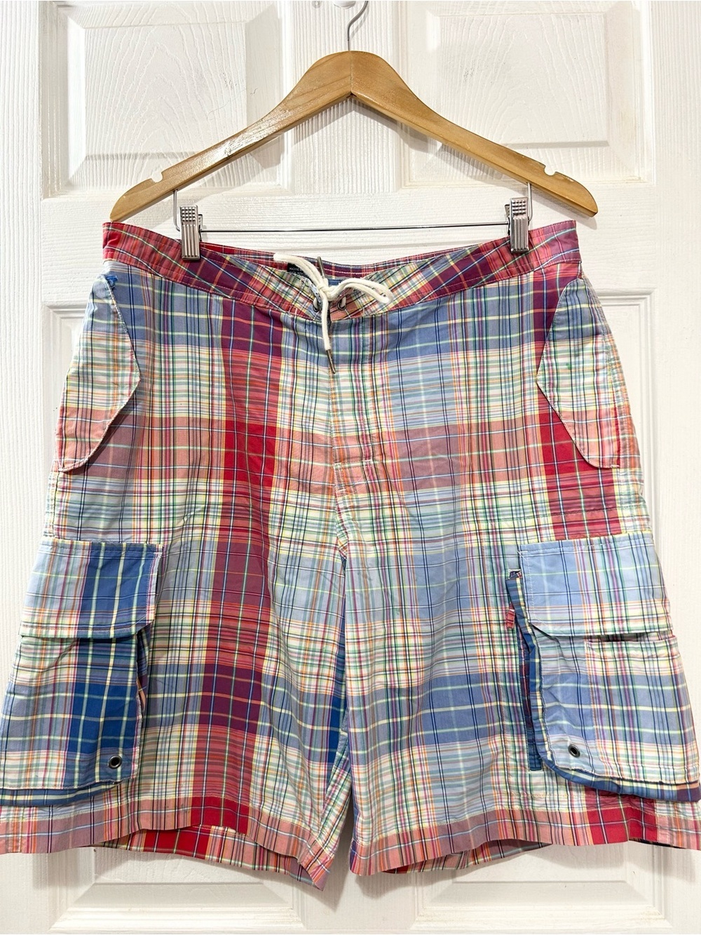 Polo Ralph Lauren Madras Plaid Cargo Swim Trunks Shorts Size 36 Summer Vacation